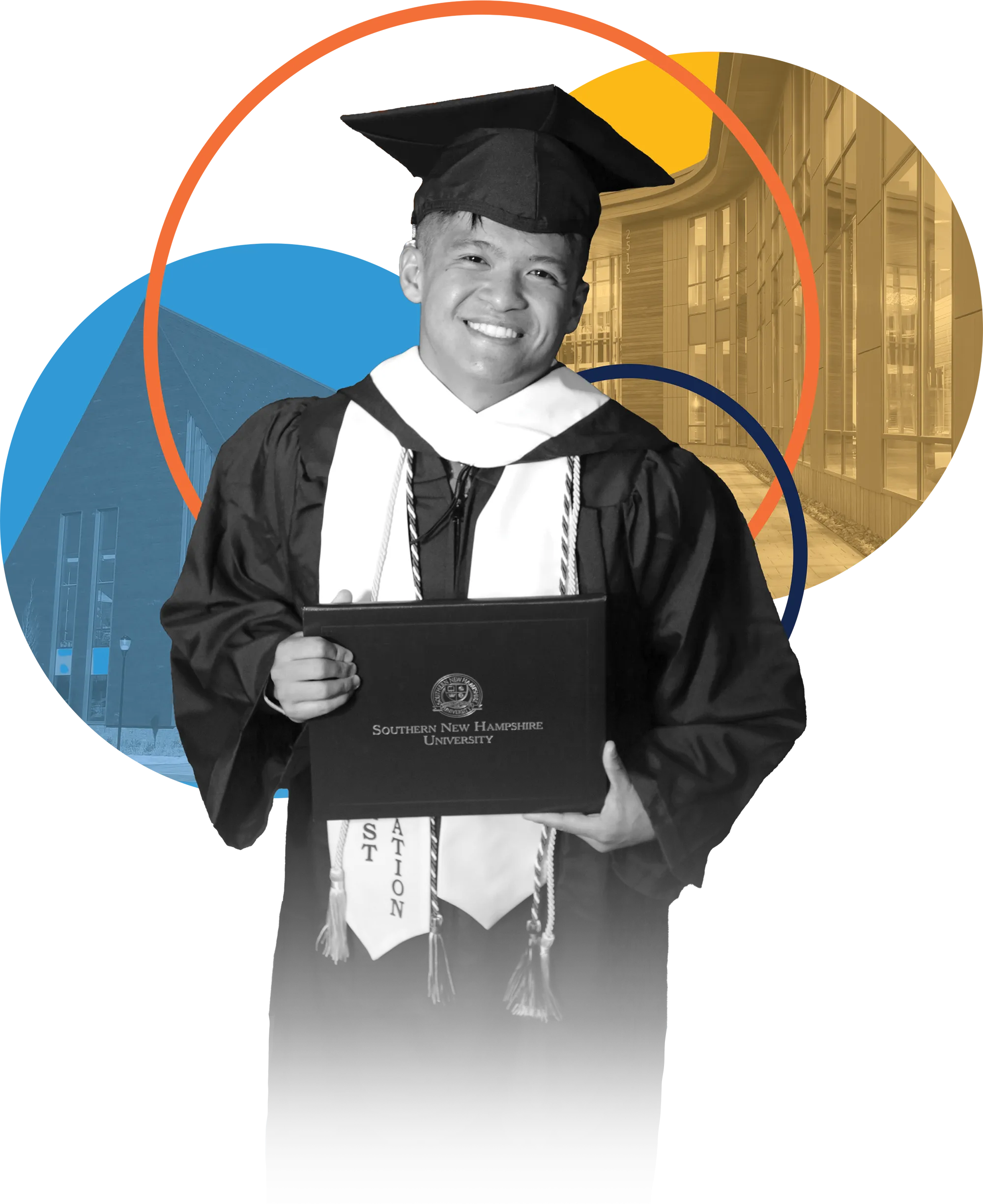 Graduate smiling holding diploma with illustrative circles