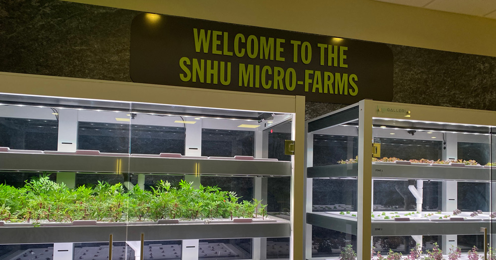micro-farms in the Dining Center under a sign that reads Welcome to the SNHU Micro-Farms